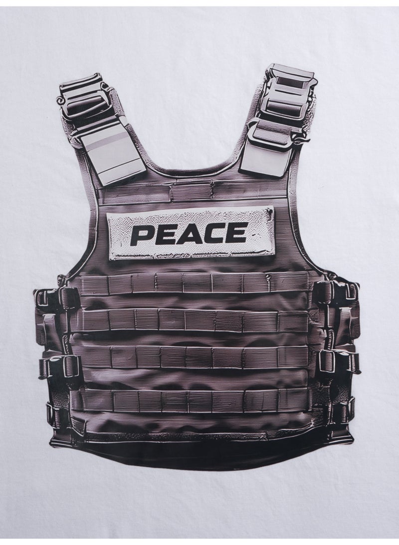 Men's White Peace Bulletproof Vest Print T-Shirt Short Sleeve Casual Streetwear Tee - Image 3